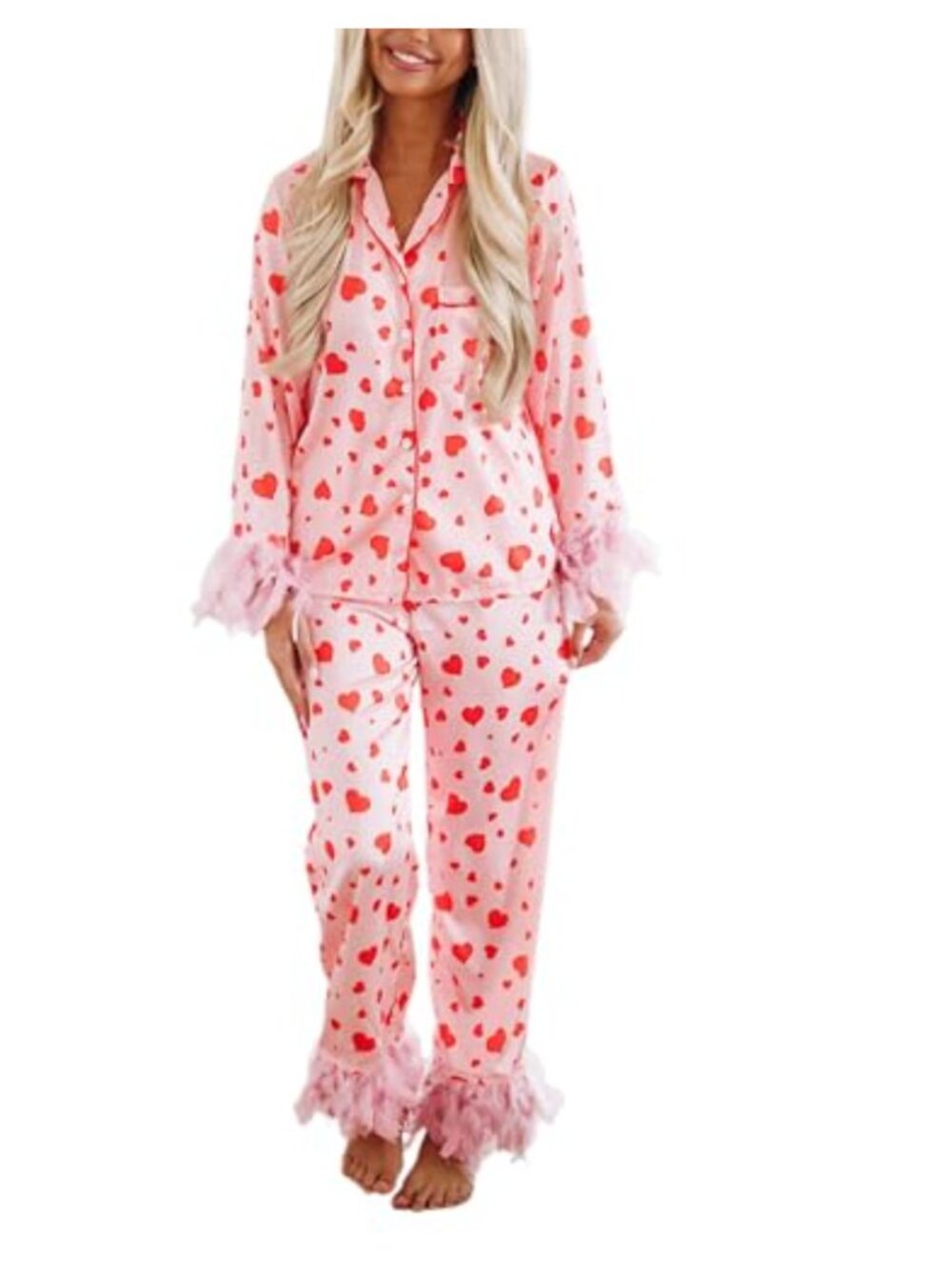 Women Satin Pajama Set Long Sleeve Button Up Heart Print 2 Piece Sleepwear